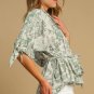 Green Landscape Print Tied 3/4 Sleeve Shirt with Sash