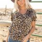 Khaki Leopard Ruffled Neck Cascading Puff Short Sleeve Top