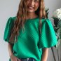 Sea Green Solid Textured O Neck Puff Sleeve Blouse