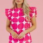 Rose Bubblegum Pattern Frilled Collar Flutter Sleeve Top