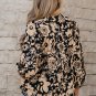 Black Floral Shirred Yoke Bracelet Sleeve Split Neck Boho Blouse