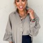 High Solid Color Balloon Sleeve Side Slits Loose Fit Shirt