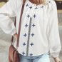 White Geometric Embroidered Long Sleeve Buttoned Blouse