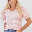 Pink Stripe Textured Puff Sleeve Crewneck Top
