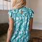 Sky Blue Abstract Print Frilled Crewneck Loose Fit Blouse