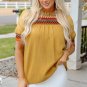 Mustard Geometric Short Puff Sleeve Frilled Collar Blouse
