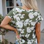 Green Floral Print Split Neck Short Sleeve Blouse