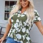 Green Floral Print Split Neck Short Sleeve Blouse