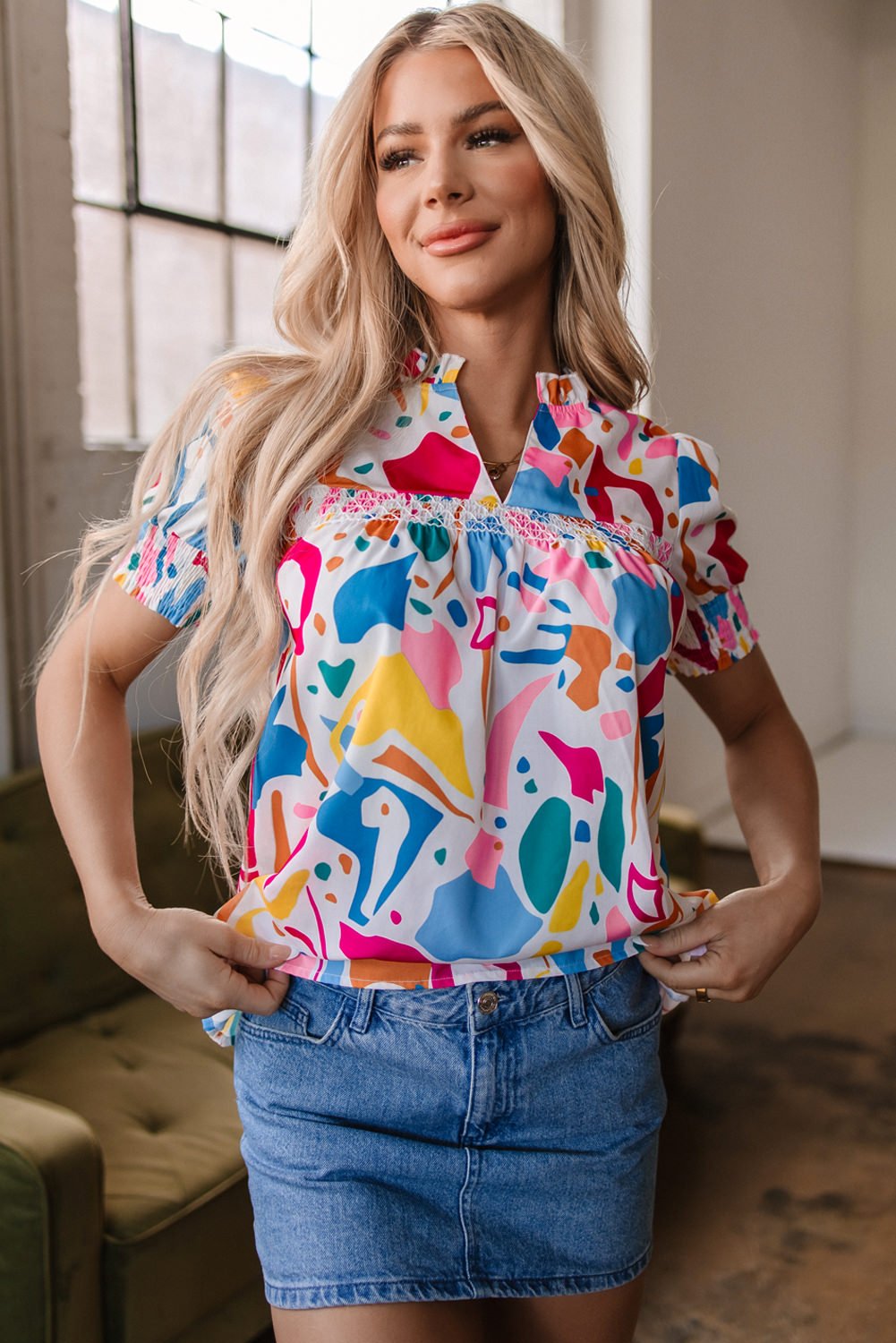 Multicolor Abstract Lace Detail Shirred Short Sleeve Split Neck Blouse