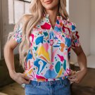 Multicolor Abstract Lace Detail Shirred Short Sleeve Split Neck Blouse