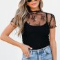 Black Floral Sheer Mesh Short Sleeve Mock Neck Blouse