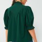 Blackish Green Solid Puff Sleeve Frilled Trim Elegant Blouse