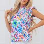 Light Blue Geometric Printed Flutter Sleeve Mock Neck Shirred Blouse