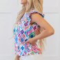Light Blue Geometric Printed Flutter Sleeve Mock Neck Shirred Blouse