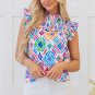 Light Blue Geometric Printed Flutter Sleeve Mock Neck Shirred Blouse