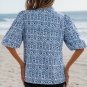 Blue Floral Striped Print Contrast Ric-rac Puff Sleeve Top