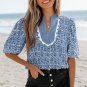 Blue Floral Striped Print Contrast Ric-rac Puff Sleeve Top