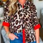 Dark Brown Contrast Trim Patchwork Leopard Print Half Sleeve Shirt