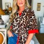 Dark Brown Contrast Trim Patchwork Leopard Print Half Sleeve Shirt
