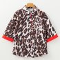 Dark Brown Contrast Trim Patchwork Leopard Print Half Sleeve Shirt