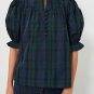 Green Stripe Plaid Puff Sleeve Frilled Trim Elegant Blouse