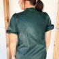 Sea Green  Notched V Neck Short Puff Sleeve PU Leather Blouse