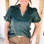Sea Green  Notched V Neck Short Puff Sleeve PU Leather Blouse