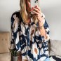 Sail Blue Abstract Floral Print Puff Sleeve Half Button Blouse