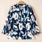 Sail Blue Abstract Floral Print Puff Sleeve Half Button Blouse
