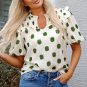 Apricot Polka Dot Print Shirred Yoke Notched Neck Balloon Sleeve Blouse