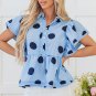 Sky Blue Polka Dot Print Ruffled Short Sleeve Buttoned Collared Blouse