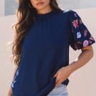 Sail Blue Shellfish Coral Embroidery Puff Sleeve Frilled Neck Blouse