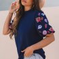 Sail Blue Shellfish Coral Embroidery Puff Sleeve Frilled Neck Blouse