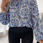 Blue Tribal Print Lace Up Frilled Neck Puff Sleeve Blouse