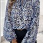Blue Tribal Print Lace Up Frilled Neck Puff Sleeve Blouse