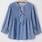 Myosotis Denim Front Pintuck Bow Tie Puff Sleeve Top