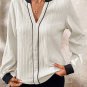 White Textured Colorblock V Neck Elegant Blouse