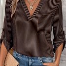 Brown Stripe V Neck Roll Up Sleeve Pocket Patched Classic Shirt