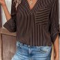 Brown Stripe V Neck Roll Up Sleeve Pocket Patched Classic Shirt