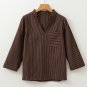 Brown Stripe V Neck Roll Up Sleeve Pocket Patched Classic Shirt