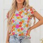 Yellow Floral Print Shirred Tiered Ruffled Sleeve Blouse