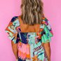 Sky Blue Tropical Printed Square Neck Flutter Sleeve Babydoll Blouse