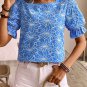 Sky Blue Eyelet Flower Embroidery Frilled Short Puff Sleeve Blouse