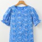Sky Blue Eyelet Flower Embroidery Frilled Short Puff Sleeve Blouse