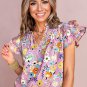 Pink Flutter Sleeve V Neck Floral Top
