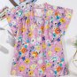 Pink Flutter Sleeve V Neck Floral Top