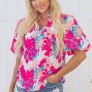 Rose Tropical Plant Printed V Neck Puff Sleeve Blouse