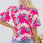 Rose Tropical Plant Printed V Neck Puff Sleeve Blouse