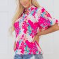 Rose Tropical Plant Printed V Neck Puff Sleeve Blouse