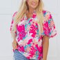 Rose Tropical Plant Printed V Neck Puff Sleeve Blouse